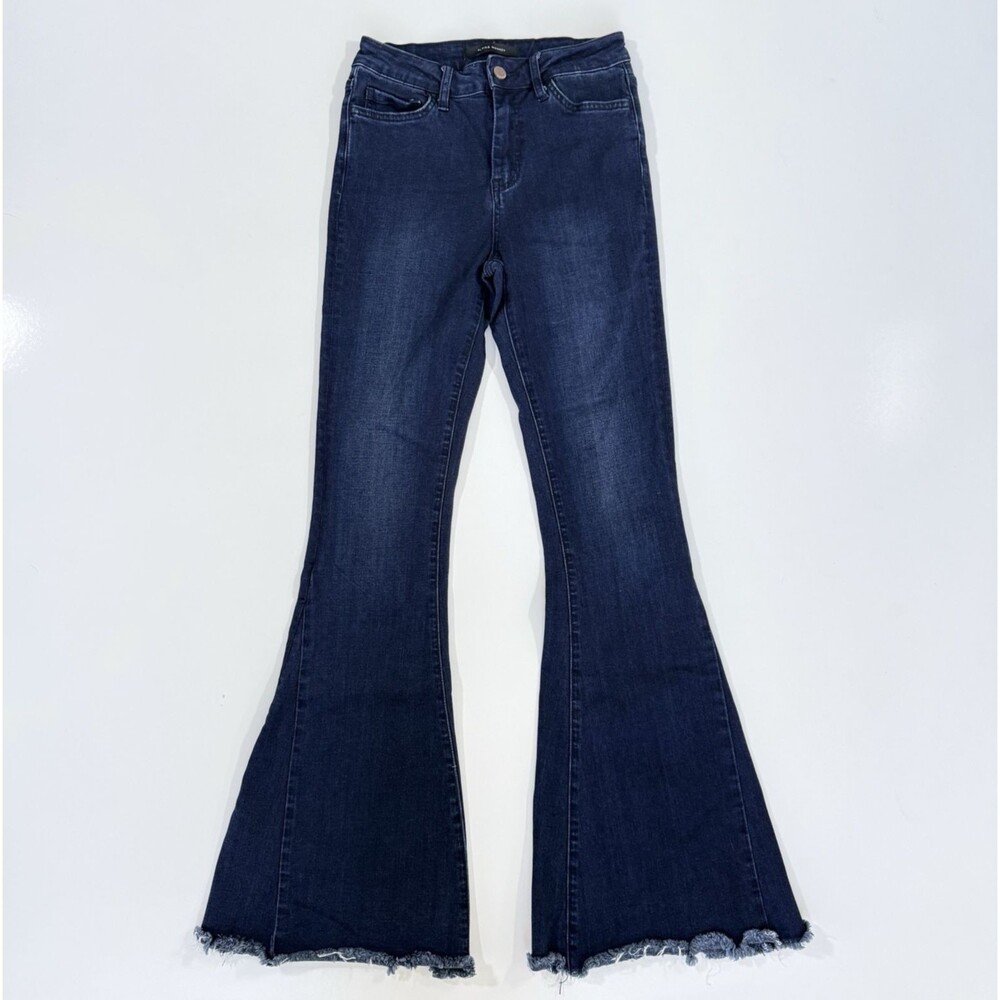 Flying Monkey Women's Jeans Size 26 High Rise Super Flare Raw Hem Dark Blue Wash